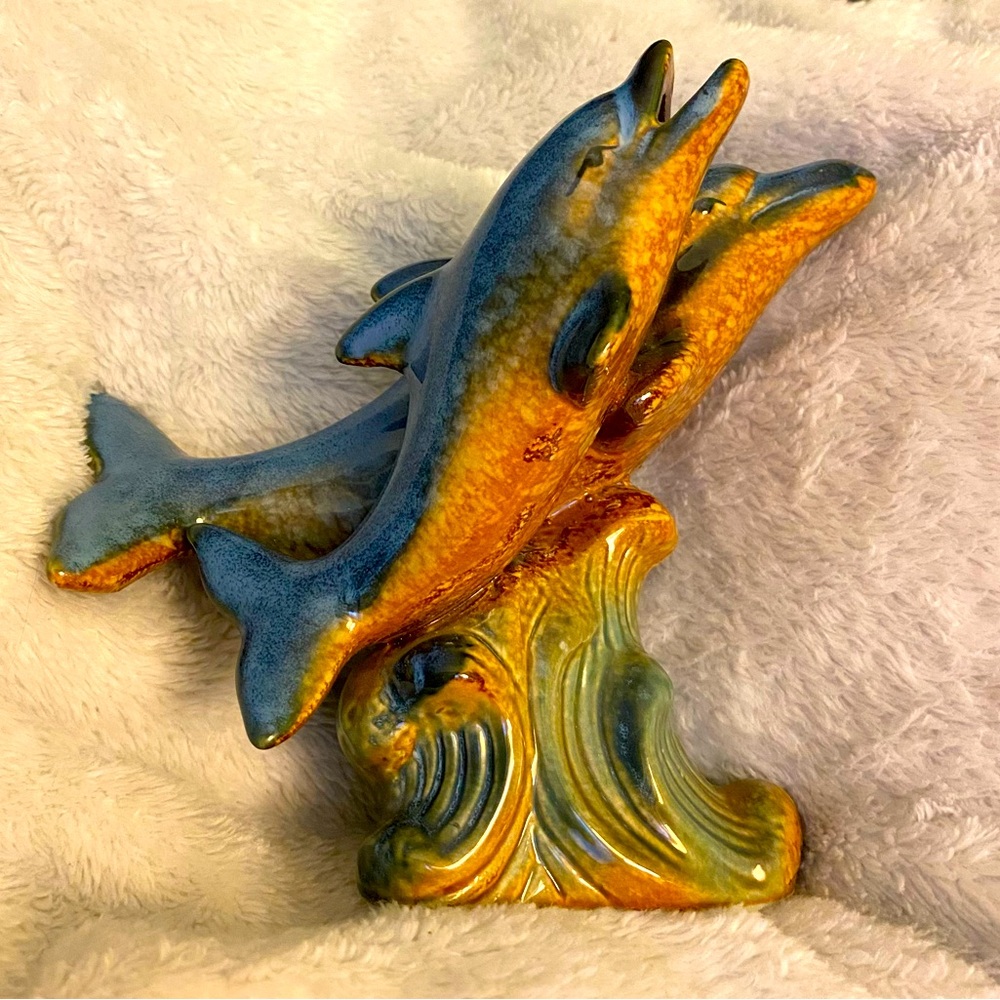 Glazed Pottery Dolphins Figure School Of Dolphins 5”x7" Blue Green Brown.